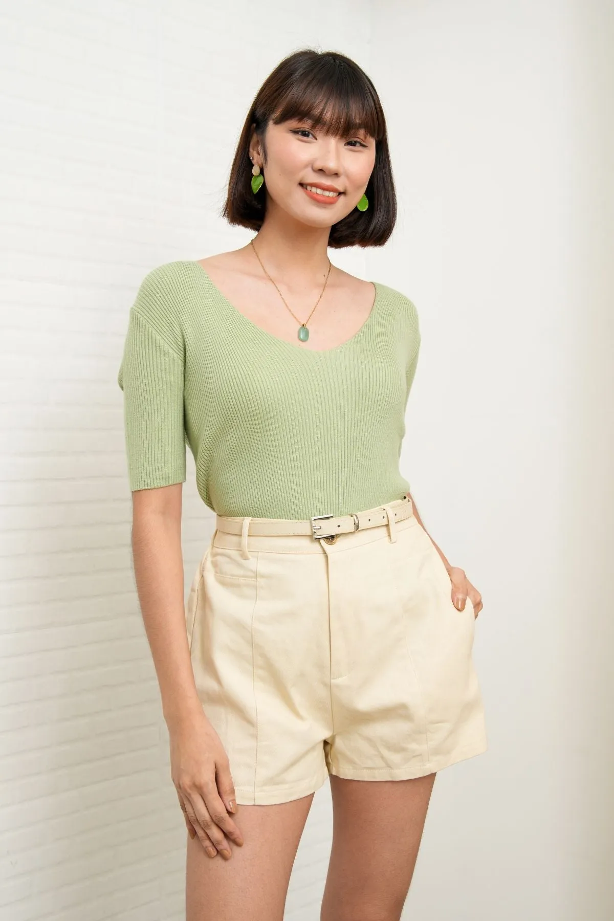 VEDA V-Neck Rib-Knit Top (Pistachio Green)