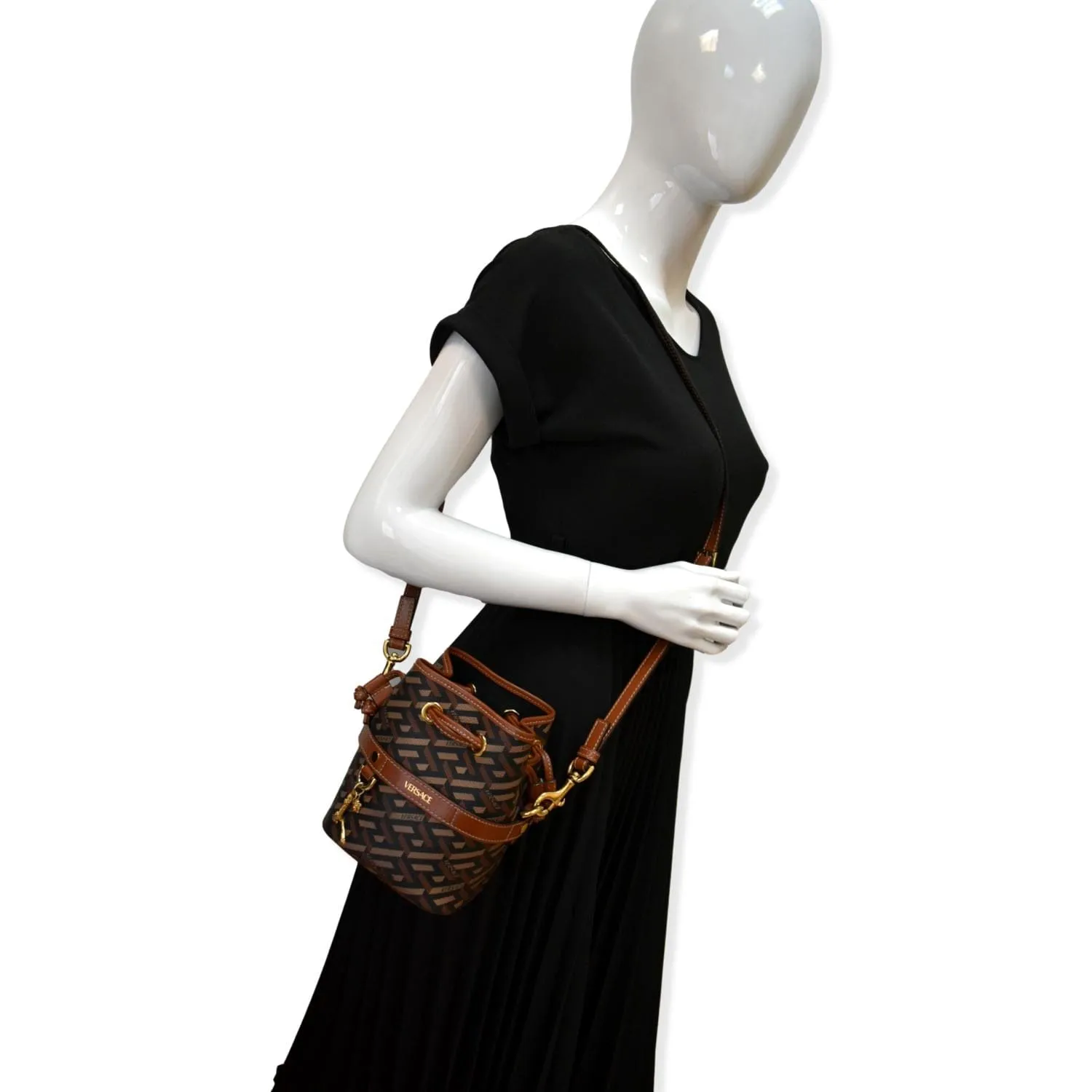 VERSACE La Greca Signature Mini Bucket Shoulder Bag Black