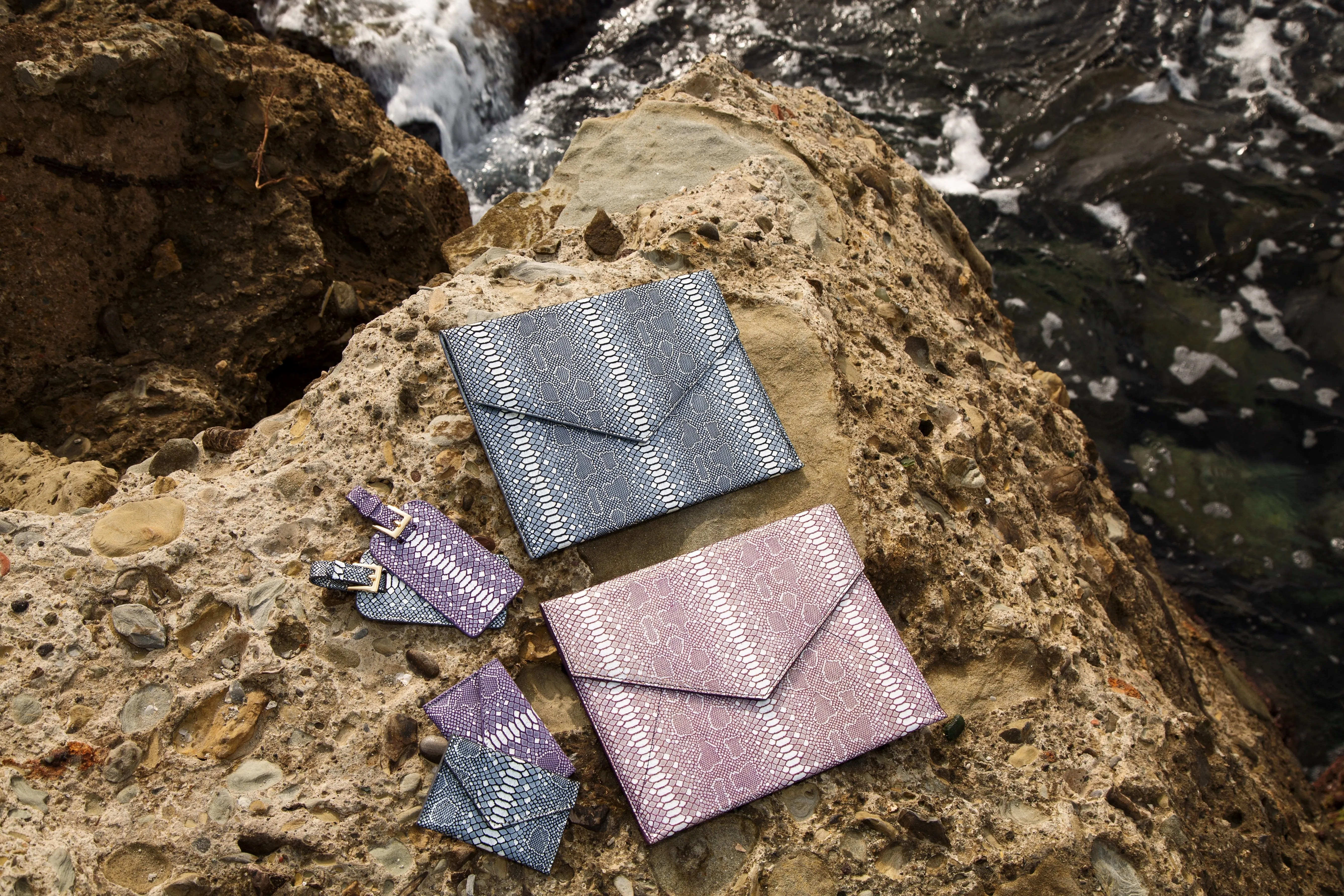 Vesper Leather Envelope Clutch/Magenta Snakeskin Embossed