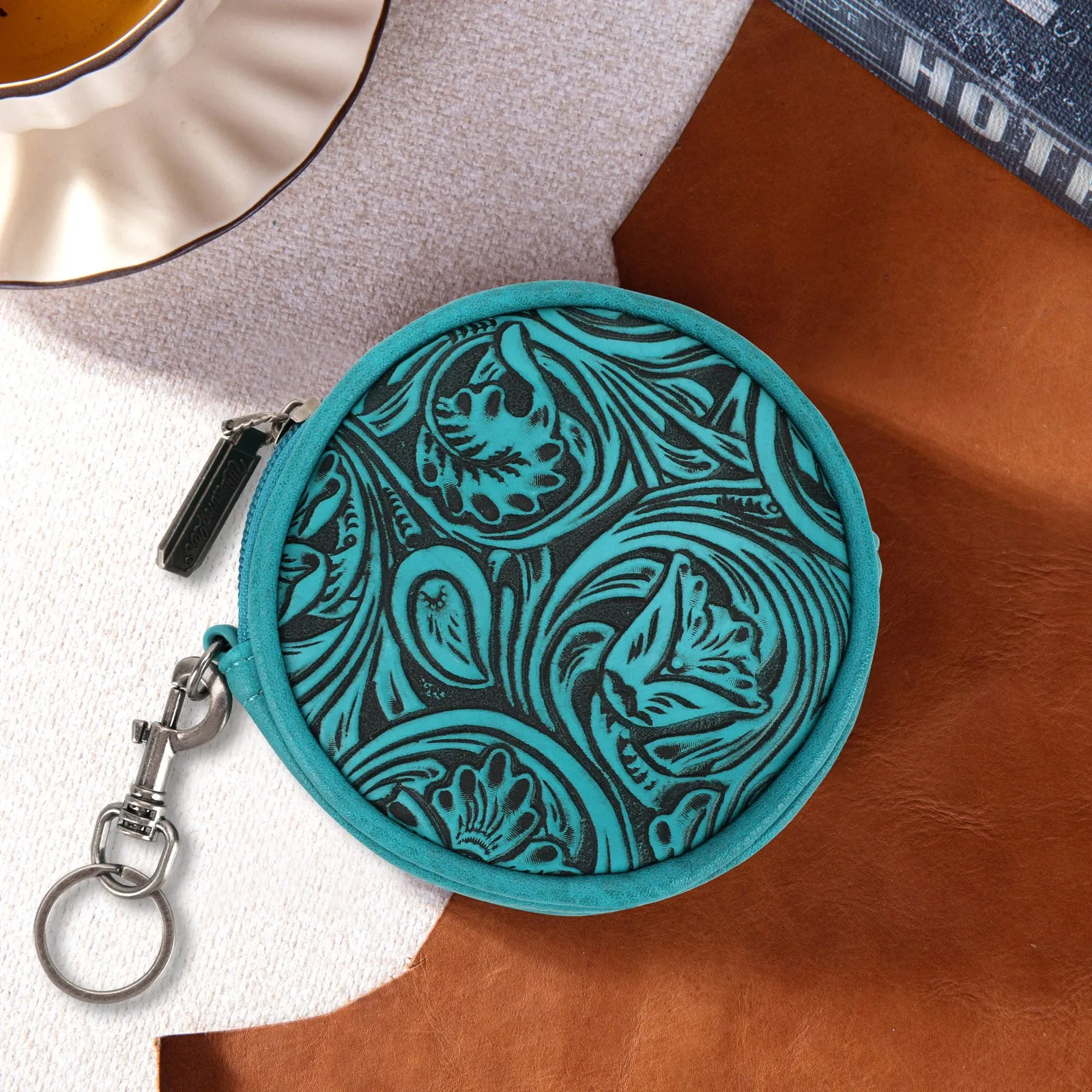 WG116-003  Wrangler Floral Tooled Circular Coin Pouch Bag Charm - Turquoise