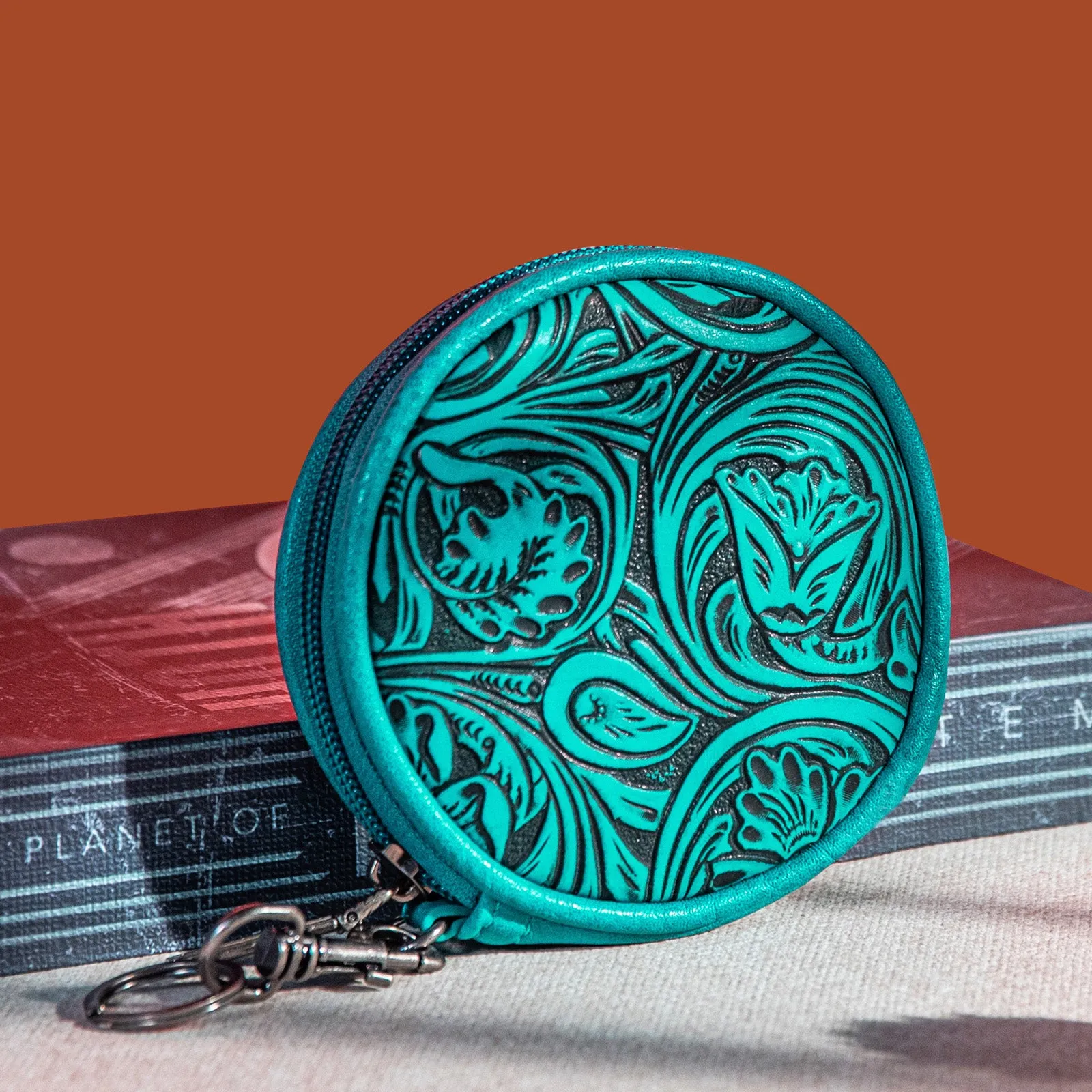 WG116-003  Wrangler Floral Tooled Circular Coin Pouch Bag Charm - Turquoise