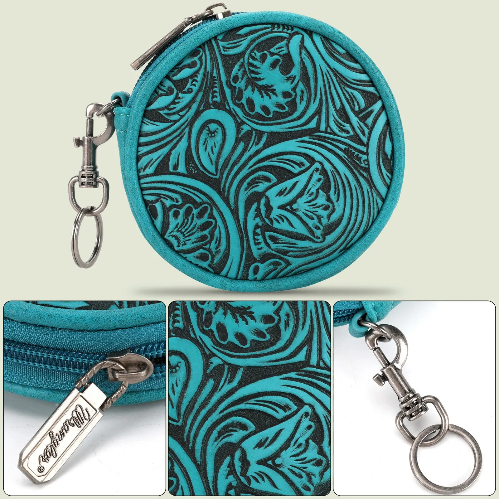 WG116-003  Wrangler Floral Tooled Circular Coin Pouch Bag Charm - Turquoise