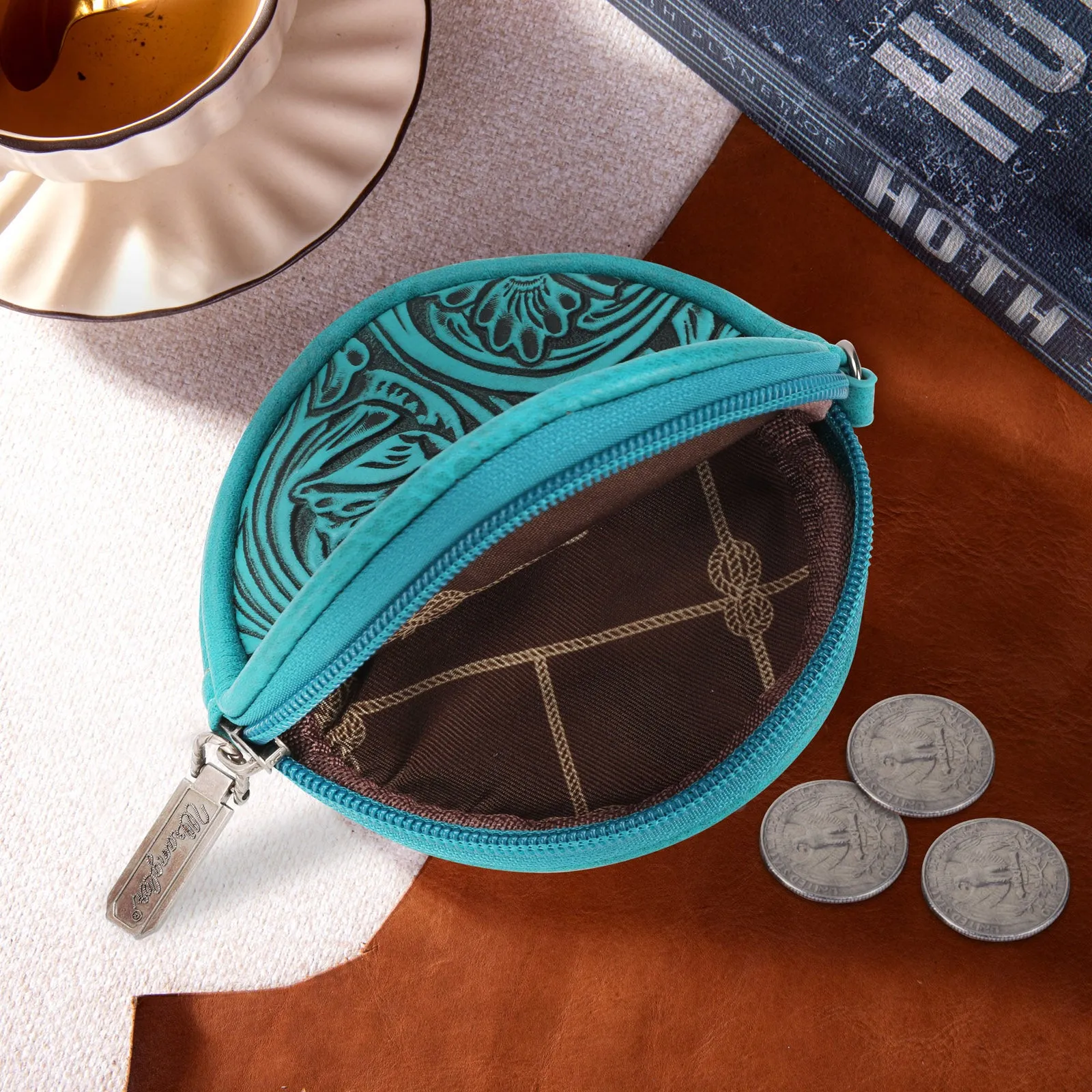 WG116-003  Wrangler Floral Tooled Circular Coin Pouch Bag Charm - Turquoise