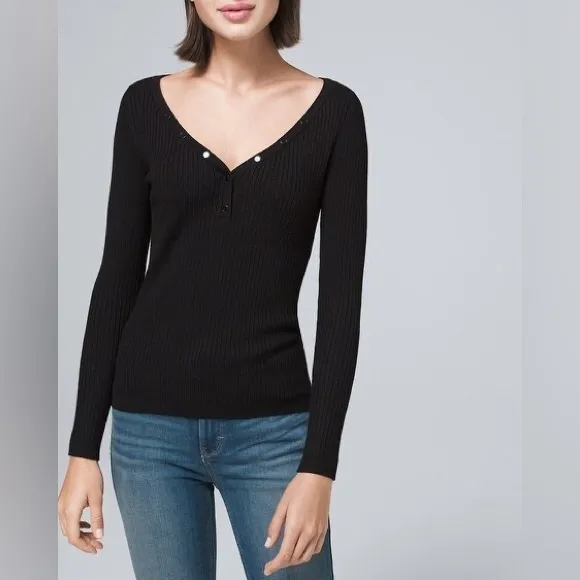 WHBM | Ribbed Snap-Front Henley Black