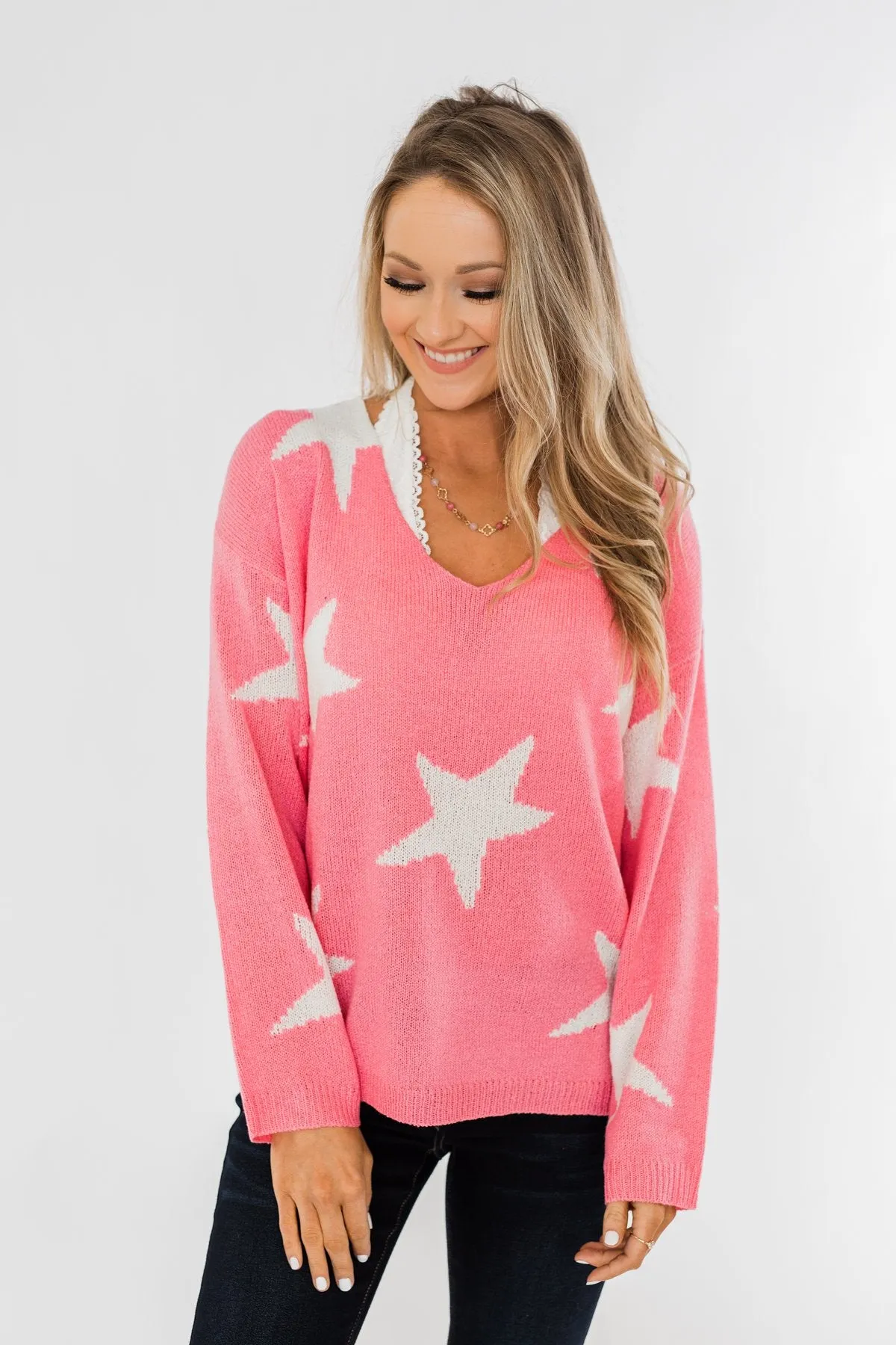 Wishing On A Star Knitted Sweater- Vibrant Pink