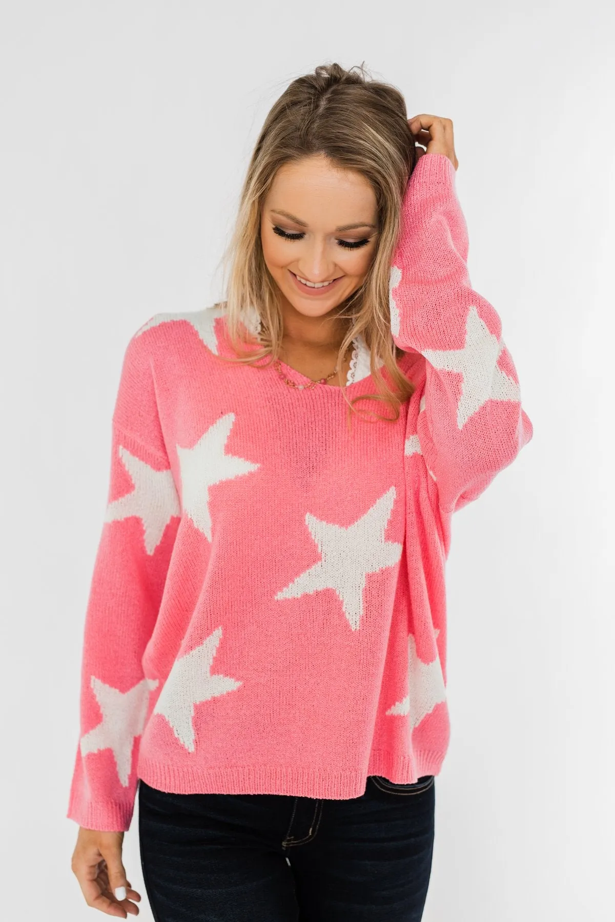 Wishing On A Star Knitted Sweater- Vibrant Pink