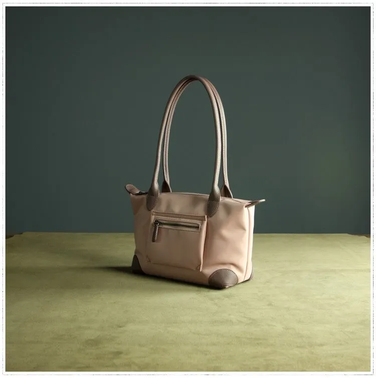 Womens Light Pink Nylon Shoulder Tote Small Pink Nylon Handbag Purse for Ladies