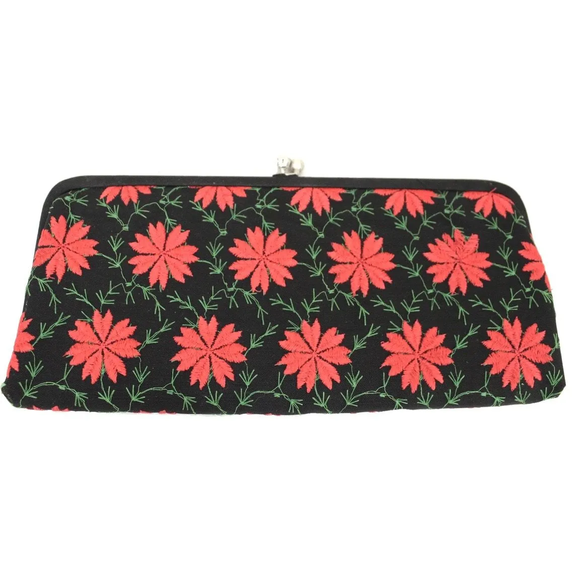 Womens Vintage Clutch Purse Bag Poinsettia Embroidery 1950s Black/Red