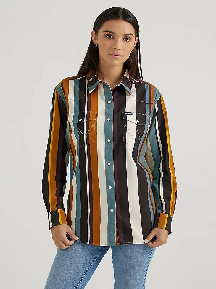 Women's Wrangler Brushpopper Stripe Cowboy Retro Snap Western Shirt - Multicolor