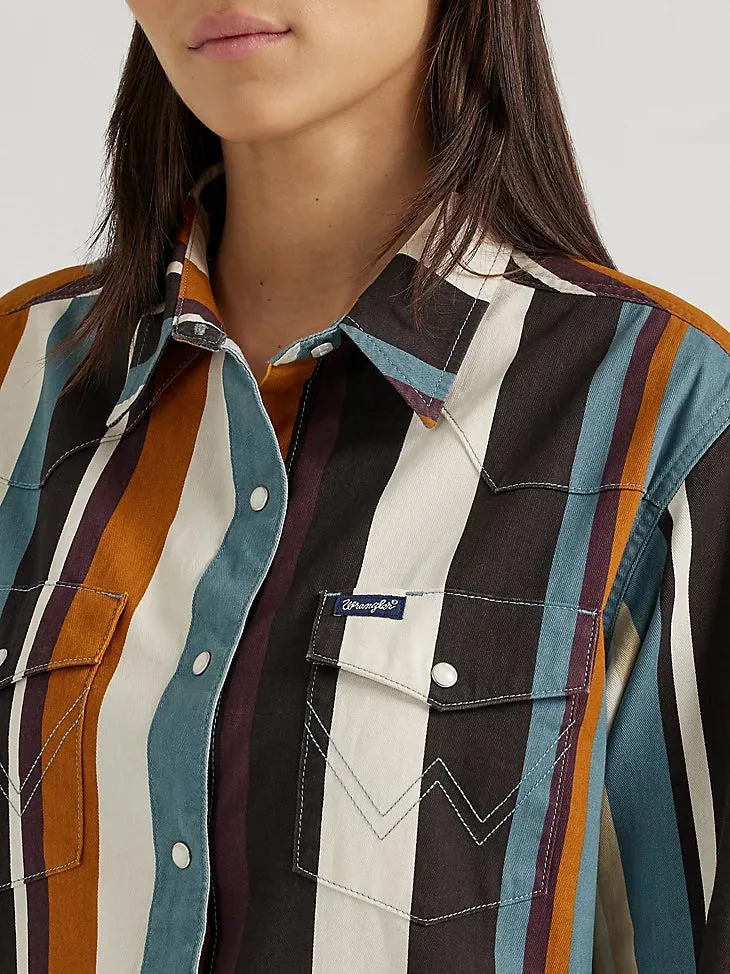 Women's Wrangler Brushpopper Stripe Cowboy Retro Snap Western Shirt - Multicolor