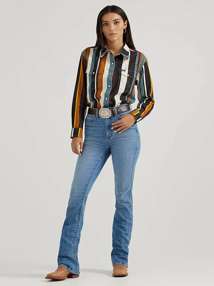 Women's Wrangler Brushpopper Stripe Cowboy Retro Snap Western Shirt - Multicolor