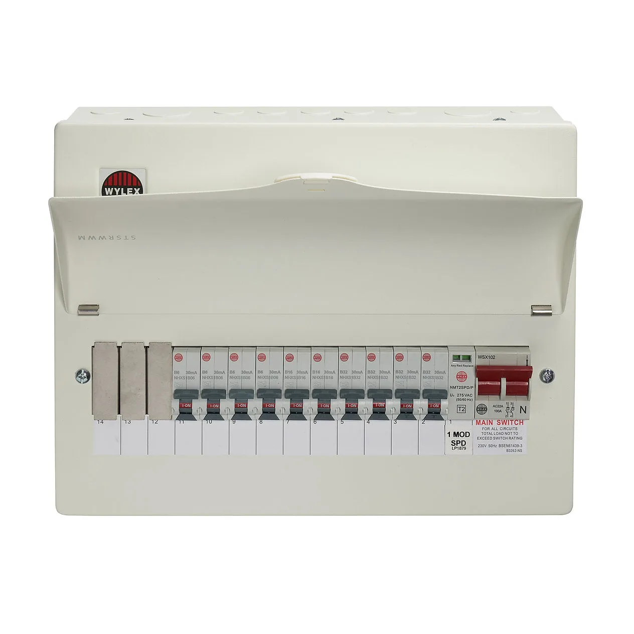 Wylex WNM2636L 13 Way Consumer Unit   100A Main Switch with SPD & 10x Type A 30mA RCBOs