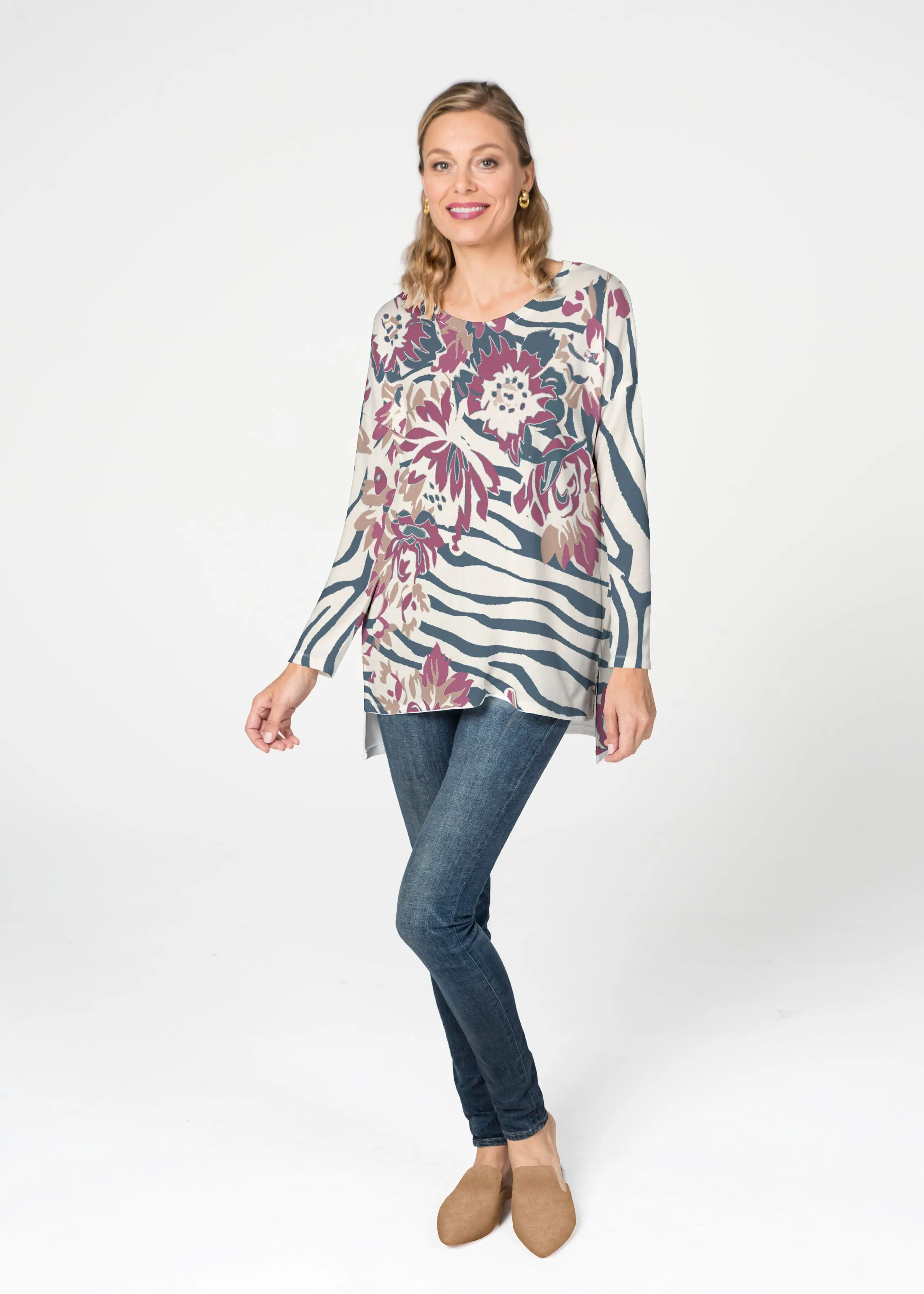 Zebra Posy Navy (8123) ~ Slouchy Butterknit Top